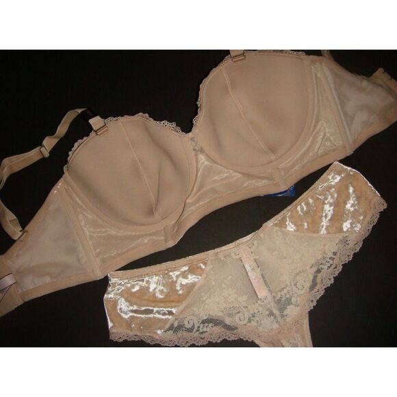 NWT Victoria's Secret 36DD BRA SET+L thong NUDE beige VELOUR velvet floral lace - Picture 5 of 6